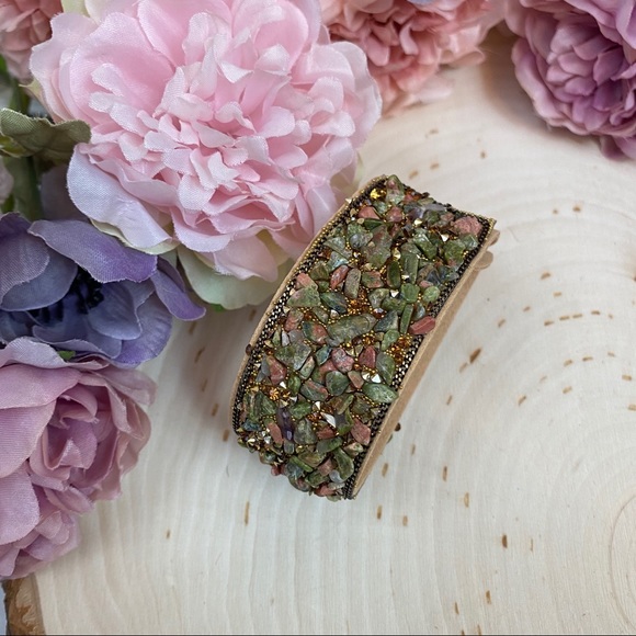 Crystal and Stone Leather Cuff Bracelet - Picture 3 of 6